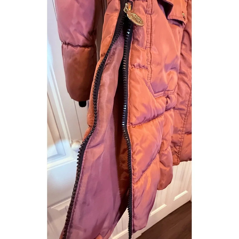 DKNY Girls Pink Puffer Coat Faux Fur Hood Long Winter Jacket Size 10/12 M/L